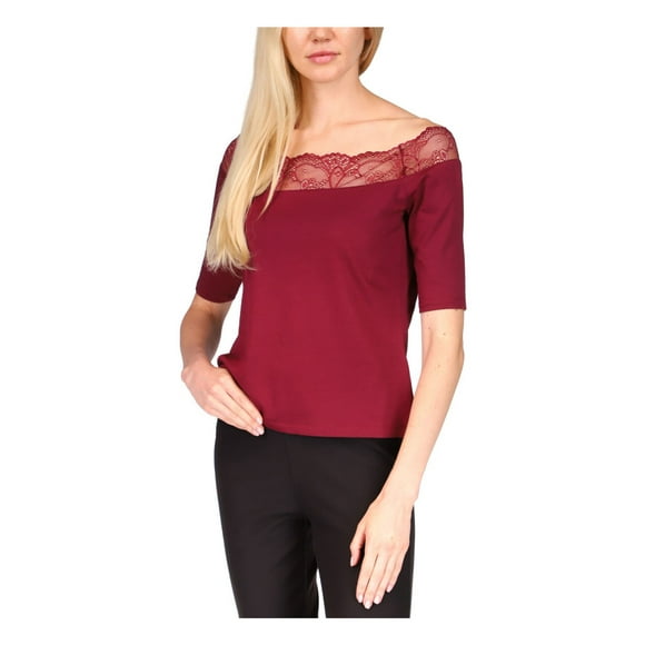 MICHAEL MICHAEL KORS Womens Burgundy Stretch Elbow Sleeve Off Shoulder Evening Top Petites S