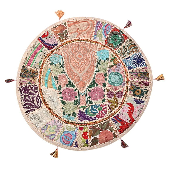 Stylo Culture Ethnic Floor Cushion Cover Round Vintage Patchwork Pillow Cover White 22" Big Throw Pillows For Floor Decorative Decor Seating Tuffet Seat Pouf Cover Footstool Cotton Embroidered 1 Pc