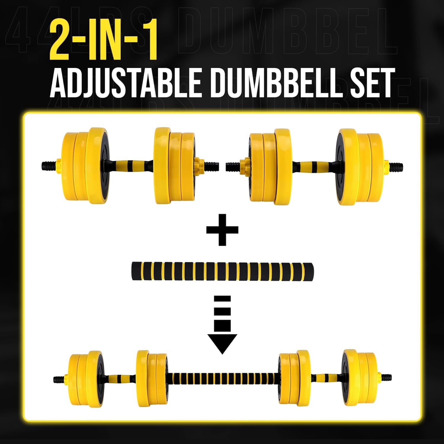 2-IN-1 Adjustable  Set for Home Gym, 44 LBS Weight Set for  and Barbell, Yellow