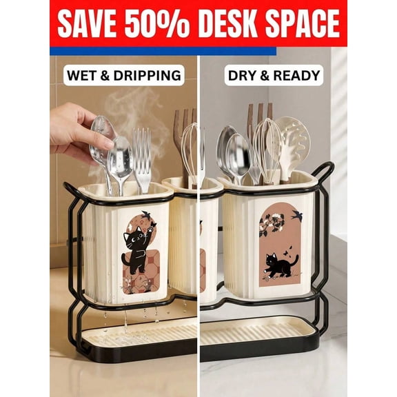 Rirvix Kitchen Utensil Holder with Drain Tray, 2 Ceramic Cat Pattern Utensil Caddy with Metal Rack, Countertop Silverware Cutlery Organizer, Detachable Tableware Storage Holder