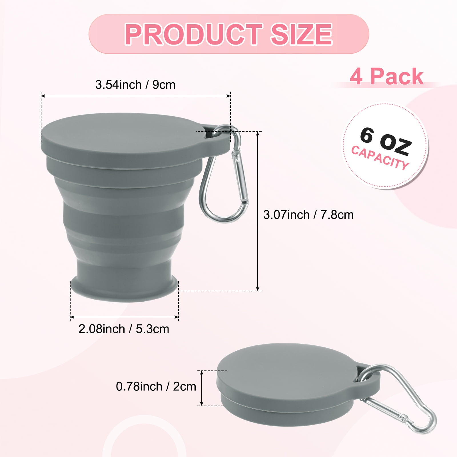 Uxcell 4 Pack Collapsible Travel Cup, 6oz(180ml) Silicone Portable Foldable Water Cup Bottle with Spring Buckle [Dark Gray]