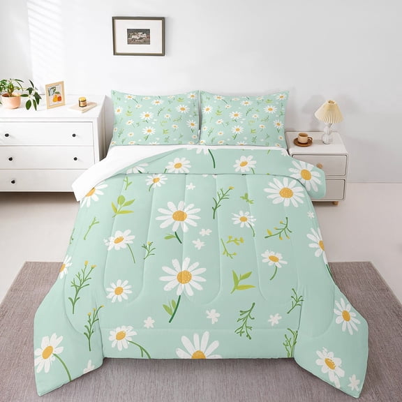 Cute Flower Comforter Set, Botanical Theme Floral Print Bedding Set Room Decor, Watercolor Daisy Quilt Set Soft Polyester Duvet Set