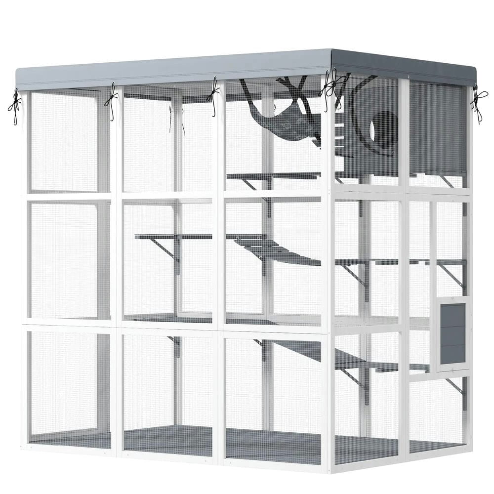 Topcobe Large Outdoor Catio Cat Enclosure with Hammock, Condo, Jump Platforms, Ladders, Ramps, Tarp, for 2-4 Large Cats, Outside Pet Shelter, Small Animal Habitat, Gray