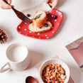thumbnail image 2 of 1pc Set Red Mushroom Reinforced Porcelain Tableware, Including Spoon, Teapot, 8-Inch Plate, Cup & Saucer Set. Suitable For Single Dining Set, Breakfast Plate, Coffee Cup, Couples Dinnerware Set, 2 of 5