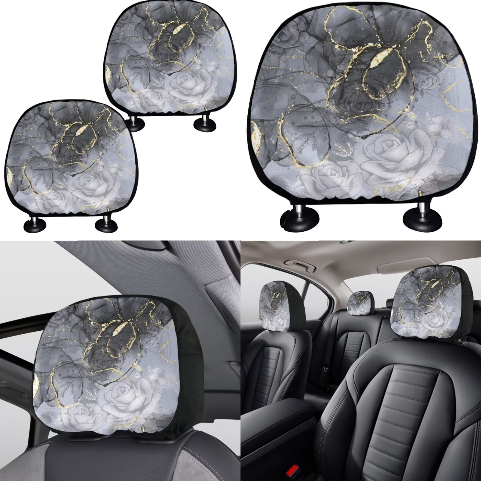 Garronmavis Black Gold Marble Car Seat Covers Full Set Accessories Auto Set of 11 with Cars Headrest Protectors+Lanyards Key Ring+Auto Cup Coaster+Handbrake Gear+Shift Knob Cover