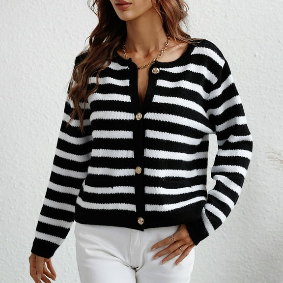 DailyTrove Women's Striped Knit Cardigan, Long Sleeve, Casual Office & Weekend Wear, Soft Wool Blend, Plus Size Friendly
