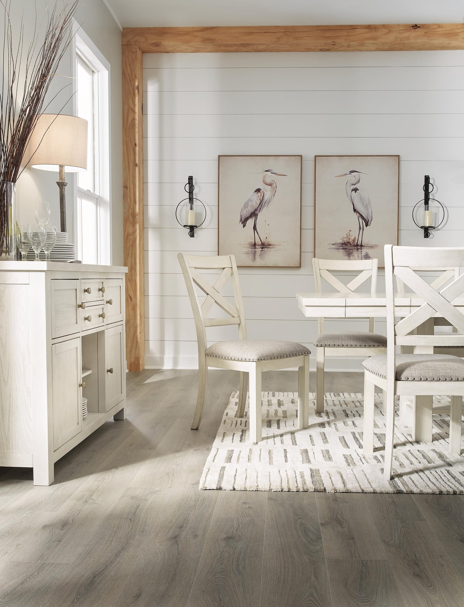 Signature Design by Ashley Robbinsdale Upholstered Dining Side Chair Set (2), Antique White, Farmhouse X-Back Chairs with Nailhead Trim