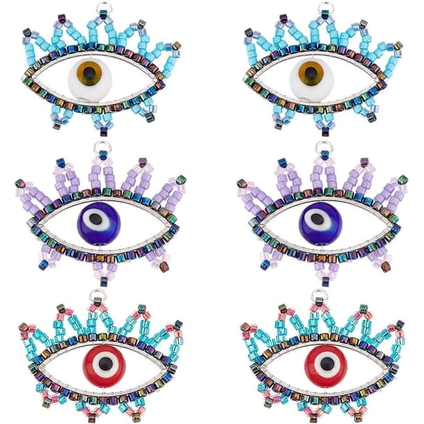 6 piezas de dijes de cuentas de vidrio de 3 colores hechos a mano, colgantes de ojo de caballo, cuentas de lampwork de pavo de la suerte para aretes, pulseras, collares y joyas.