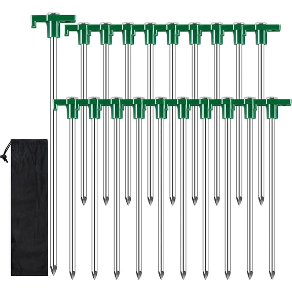 20 Pack Tent Stakes Heavy Duty, 9.6 Inch Camping Stakes, Non-Rust Metal Tent Pegs, Ground Stakes Yard Stakes with Drawstring Bag for Camping Backyards Outdoor Picnic (Green)