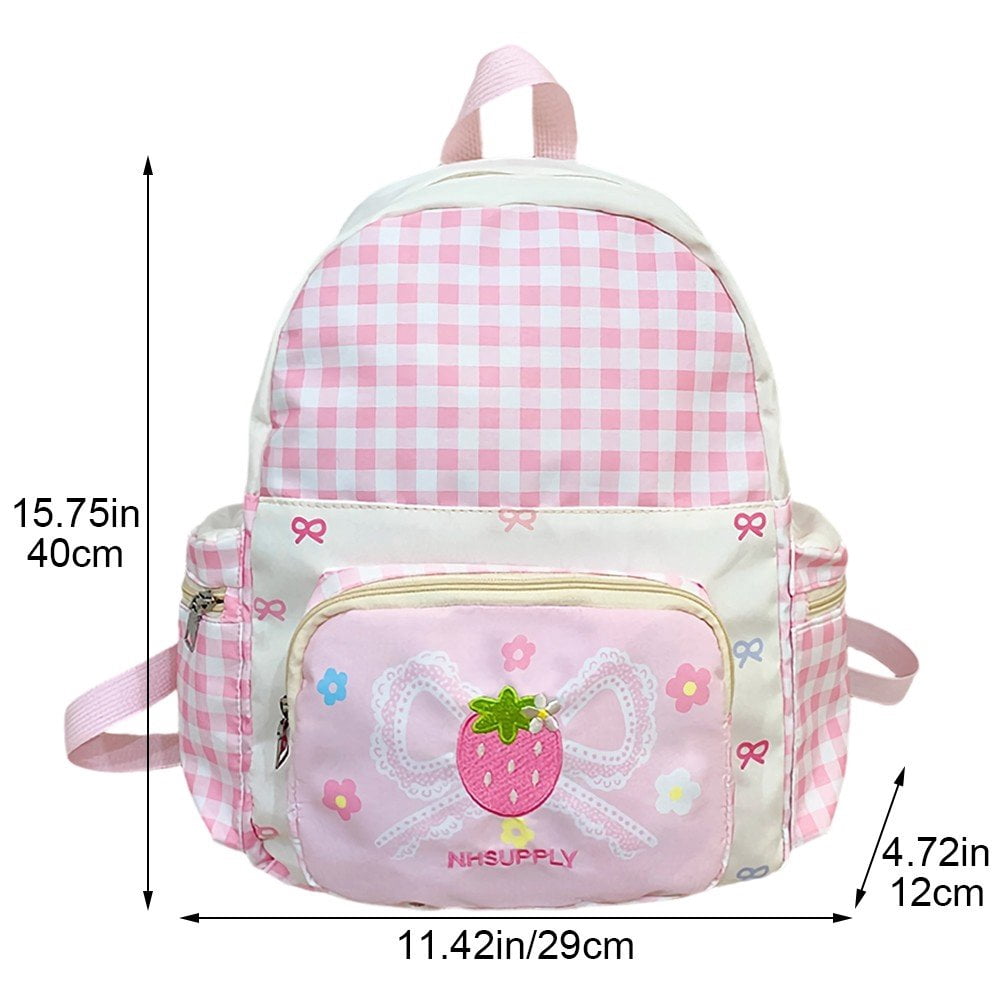 Yvsxxv Strawberry Plaid Backpack, Cute Korean Style Bow Daypack