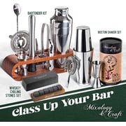 Mixology Bartender Kit: 10-Piece Bar Tool Set with Mahogany Stand, Silver