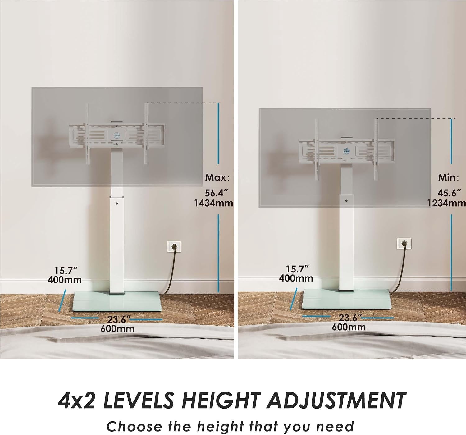 FITUEYES Floor TV Stand for 32–75 Inch TVs, White, Power Outlet, Swivel Mount