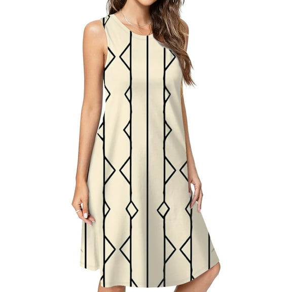 Abstract Beige Black Line Pattern Dress Loose Women'S Dress Beach Dresses With Pockets Dresses For Womens