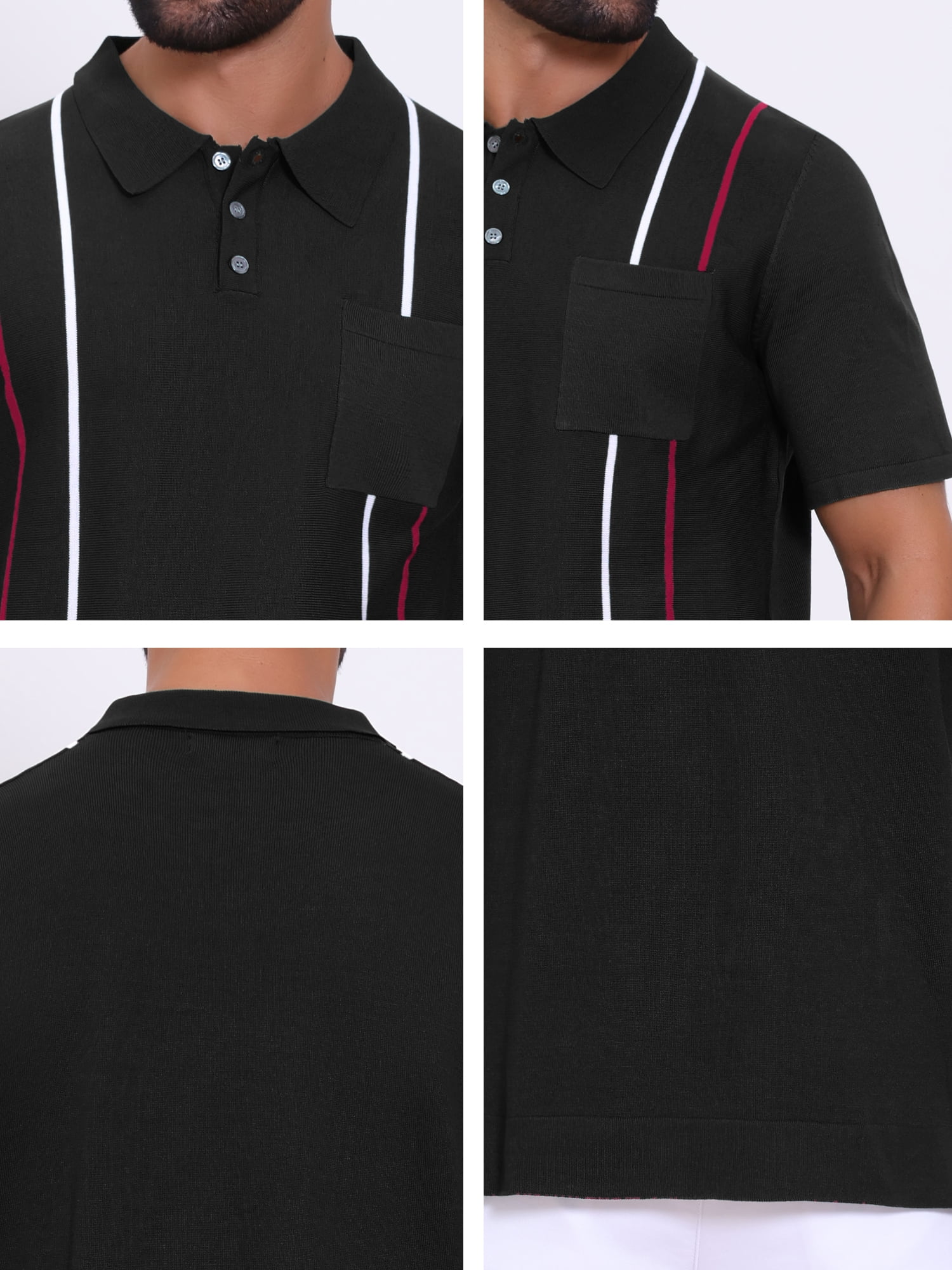 DARING DIVA Men's Striped Knit Chest Pocket Short Sleeve Vintage Golf Shirts 2XL Black
