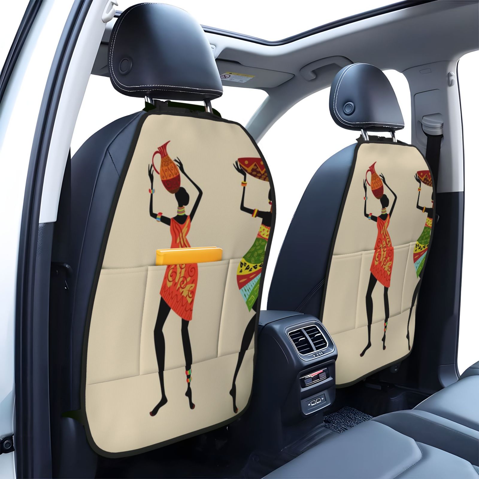 Kdxio African Women Print 2 Pack Car Kick Mat Seat Cover Back Protector Mat with Pockets for Organizer Backseat Protector and Storage Anti Kick Pad for Vehicles