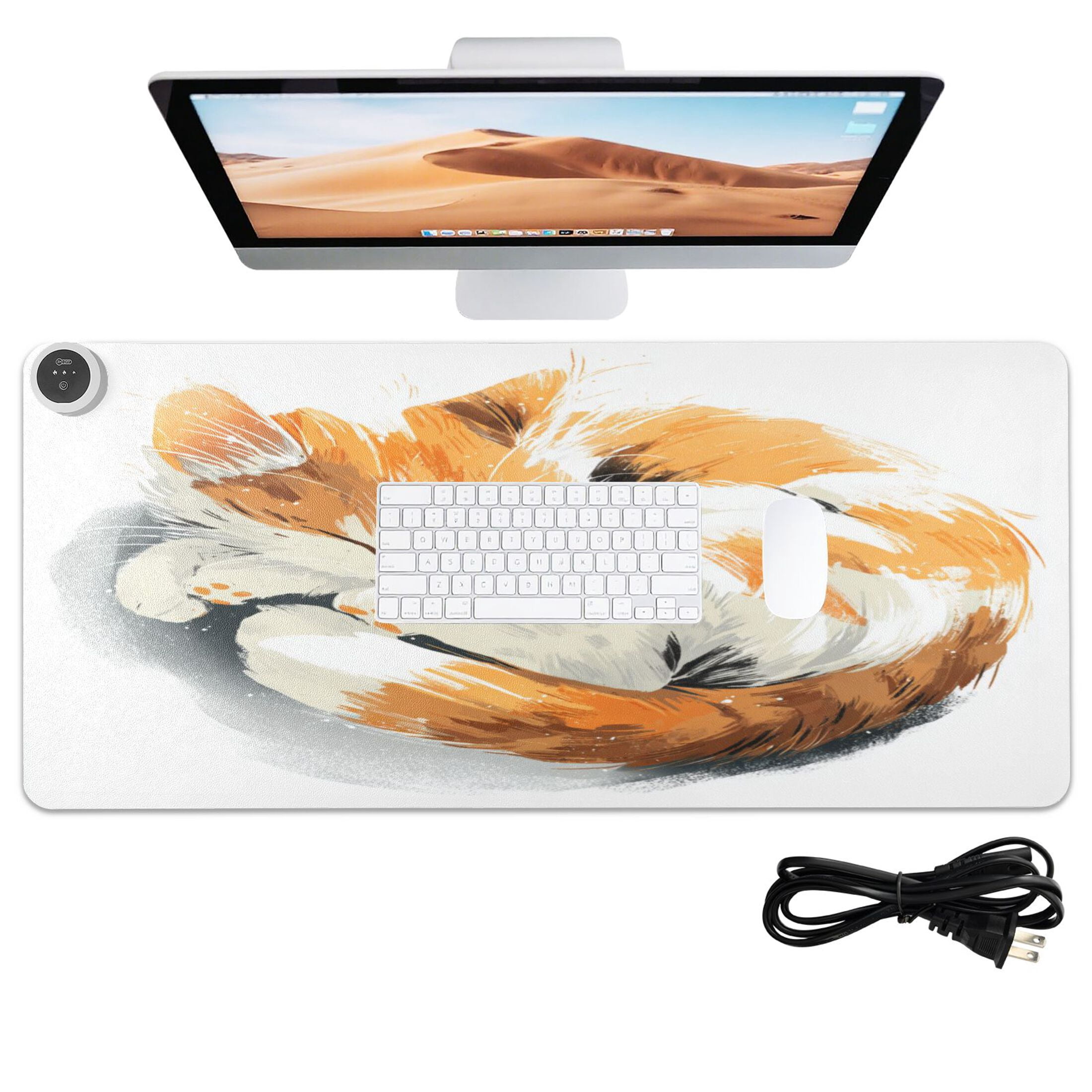 Large Heated Desk Mat Mouse Pad 31.5"x13"PU Leather Graphene Heating Desk Warmer with 3 Temperature Settings 110V US Plug Non-Slip Warm Pad for Home, Office, and Gaming Adorable Orange Cat Asleep