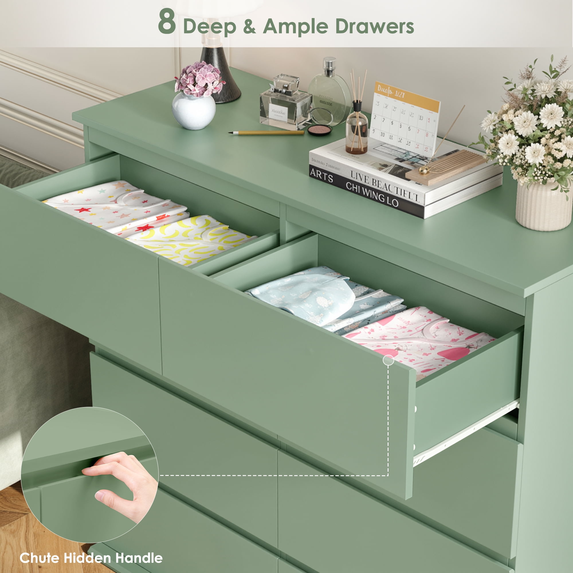 Homfa 8 Drawer Dresser for Bedroom, Horizontal Dresser Chest with Easy Pull Bevel Handle, Storage Cabinet for Living Room, Green