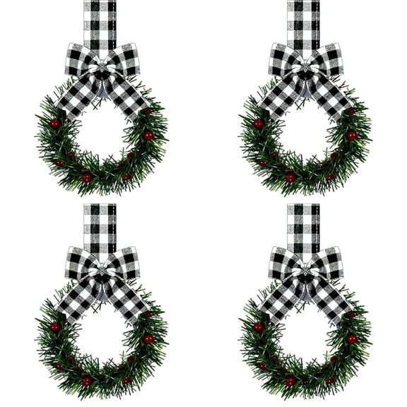 Mini Christmas Wreath 5 Inch Cabinet Door Hanging with Ribbon Bow Berries, Small Artificial Wreath for Kitchen Window Front Door, Farmhouse Wall Xmas Party Decor Ornament 4PC