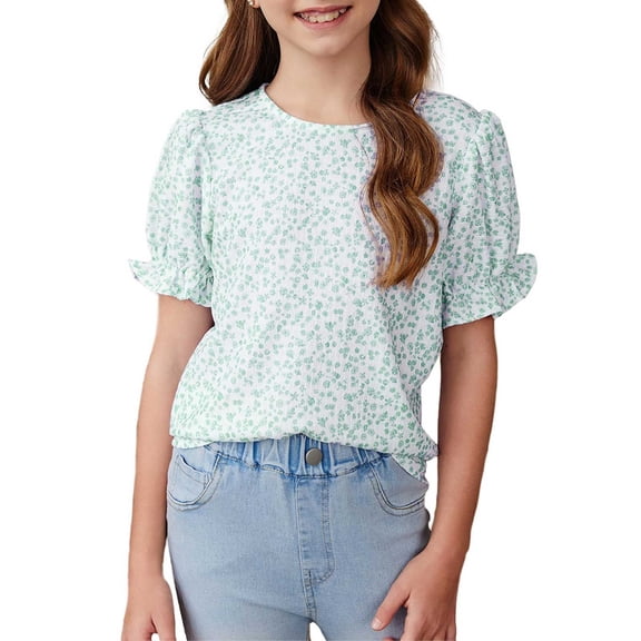 Tween Girls Boh𝗼 𝗙loral Puff Sleeve Shirt 6 to 15 Years Preppy Teens Loose Crewneck Shirts 2025 Trendy Clothes
