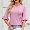 thumbnail image 2 of OSOLU Women Solid Color Striped O-Neck Mid Sleeve T-Shirt Tshirts Tee With Sleeves Fashionable Dailywear, 2 of 6