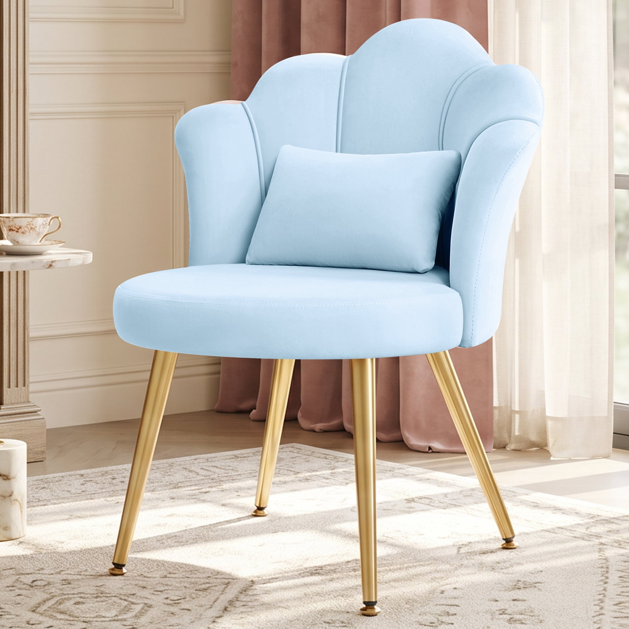 COOLHUT Petal Velvet Vanity Chair, Flower Cute Girls Mack Up Vanity Stool Chair with Lumber Pillow and Adustable Gold Legs, Upholstered Small Desk Chair for Living Room Bedroom Home Office, Blue