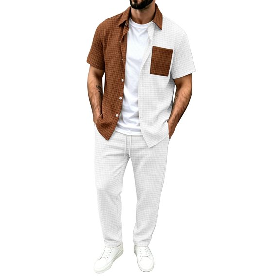 StSilkitty Men's 2 Piece Outfits Color Block Button down Short Sleeve Collared Shirts and Pants Sets Cotton Linen Casual Set