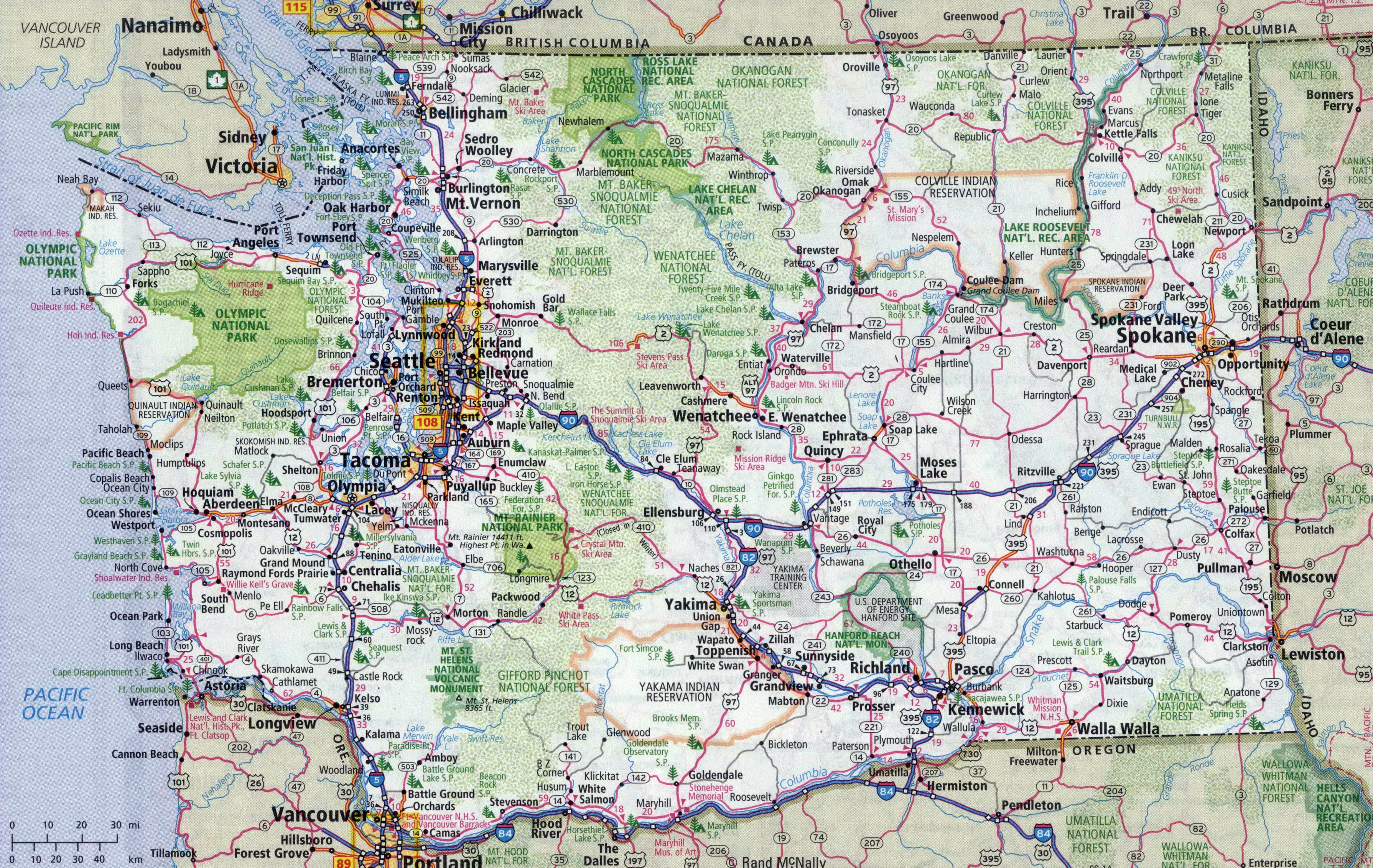 Laminated Map Large Administrative Map Of Washington State With Roads