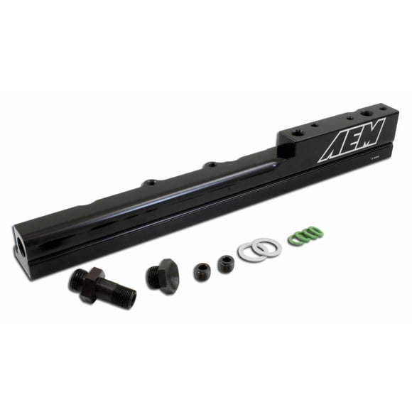 AEM Electronics Fuel Injector Rail 25-103BK High Volume; Anodized; Black; Aluminum; 1/2 Inch bore Diameter; 9/16-18 Inch Threads; Single; With Fittings/Fuel Injector O-Rings