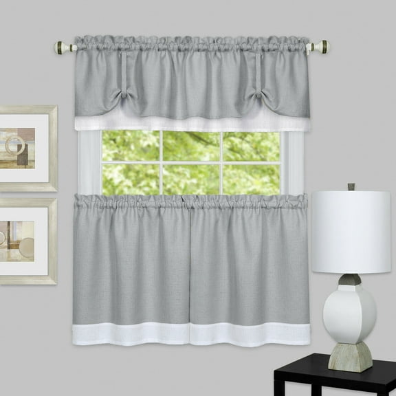 Shabby Farmhouse Flax Linen Kitchen Curtain Tier & Valance Set - Gray, 36 in. Long