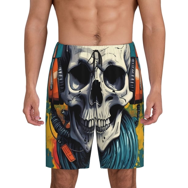 Fotbe Modern Hip-Hop Skull Pantalones Cortos de Pijama para Hombre, Ropa de Dormir, Pantalones de Pijama Cortos para Hombre-XX-Large