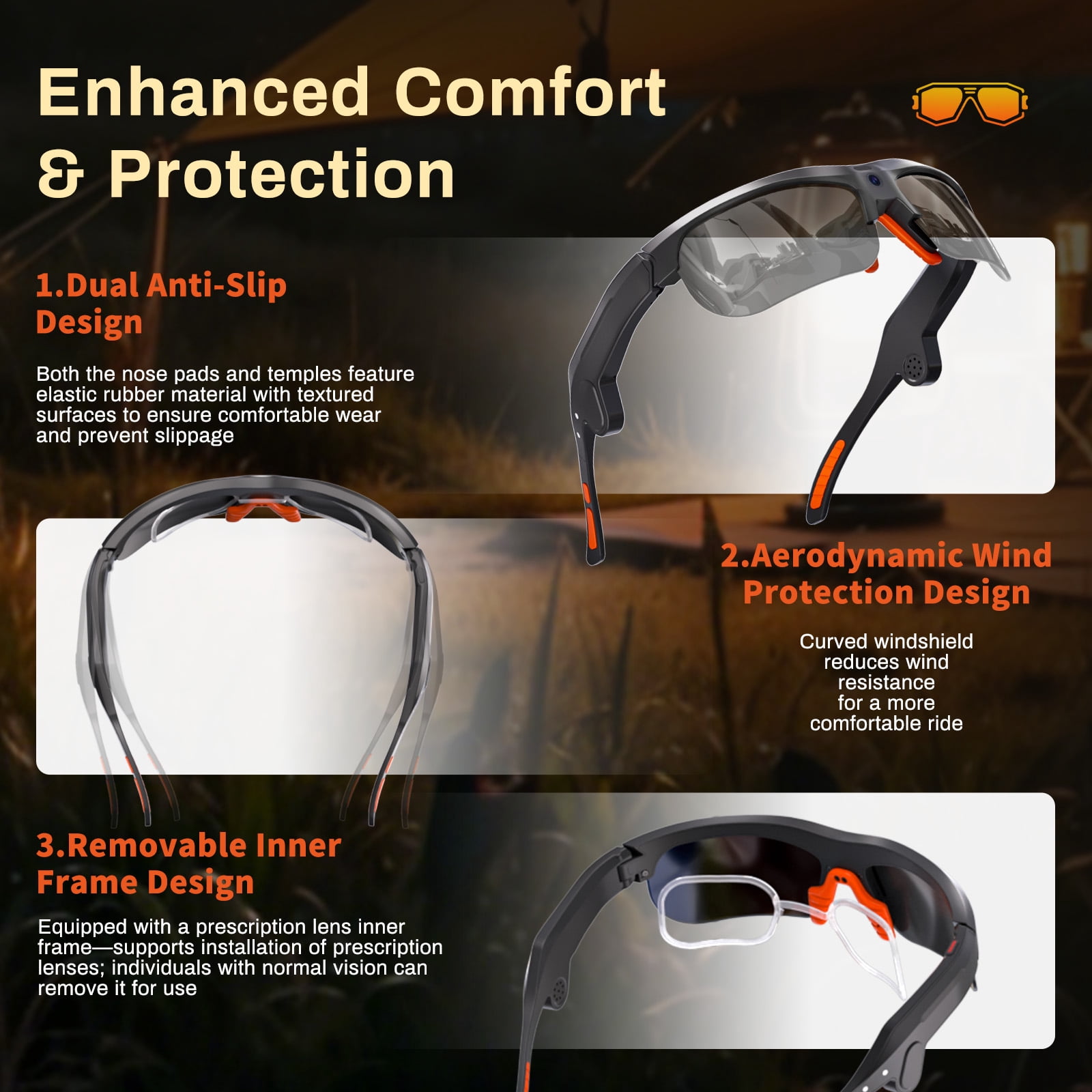 AI Smart Sports Sunglasses with 20MP Camera, Open-Ear Audio, Real-Time Translation, EIS Stabilization, Photochromic UV400 Lenses for Cycling, Hiking & Outdoor Activities, Black