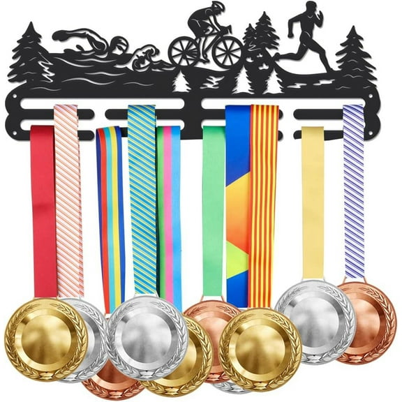 Triathlon Medal Hanger Display Swim Bike Run Sports Award Medals Holder Wall Mount Ribbon Display Holder Rack Hanger Decor Iron Hanging Holder DIY