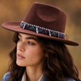 thumbnail image 6 of Qwertyu Wide Brim Western Cowboy Cowgirl Hat with Wind Lanyard Felt Fedora Hat for Men Women Coffee, 6 of 6