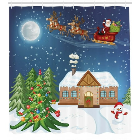 Christmas Shower Curtain Classical Xmas Scenery Santa Delivering