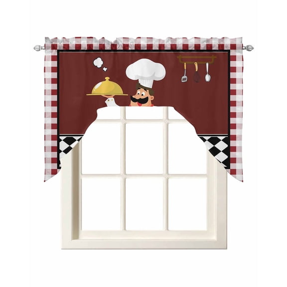 Fat Chef Swag Valances for Windows, Small Curtains Drapes, Red Gourmet Kitchen Red Black Buffalo Plaid Kitchen Window Curtains Over Sink Window Treatment Valance for Bedroom/Bathroom 56"x36"