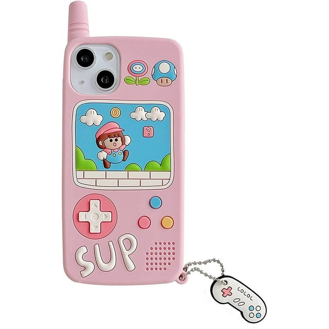 HAHDAXIA Retro Phone Case for iPhone ,Kawaii 3D Cartoon Retro Classic Cellular Phone with Keychain Soft Silicone Shockproof Protector Cute for Girls (Pink, iPhone 14)
