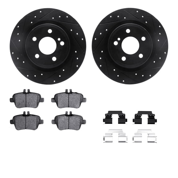 Dynamic Friction Company Rear Brake Rotors-Drilled and Slotted-Black with 5000 Euro Ceramic Brake Pads includes Hardware 8612-63070