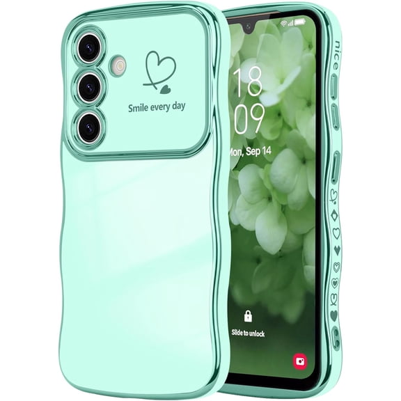 MYKOMI for Samsung Galaxy A14 4G/5G Case for Women Girls, Cute Wave Frame Curly Shape with Love Heart Raised Camera Protection Luxury Plating Shockproof Phone Case for Galaxy A14 4G/5G