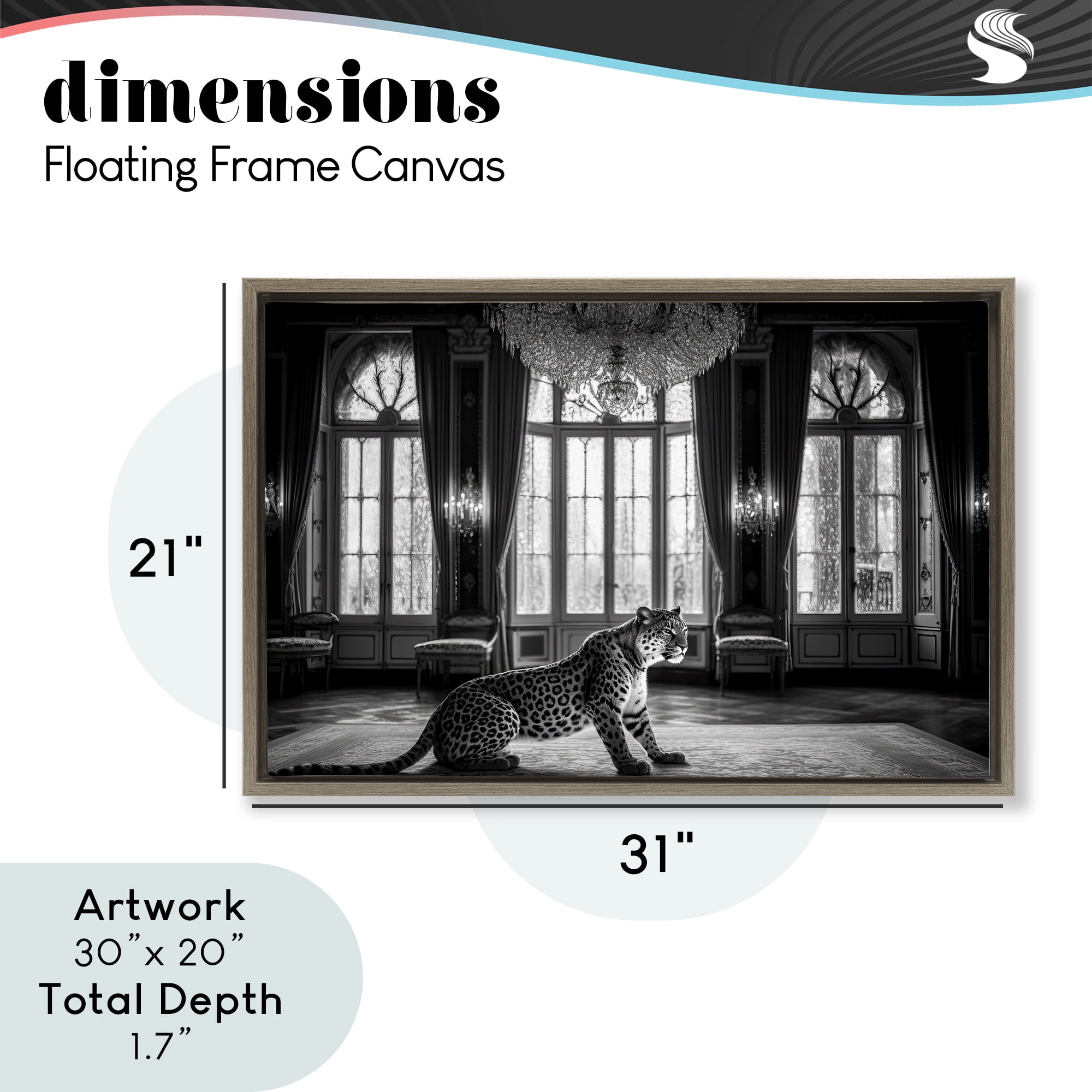 Snow Leopard in Opulent Mansion Brown Framed Floater Canvas Wall Art, design by Decent Exposures