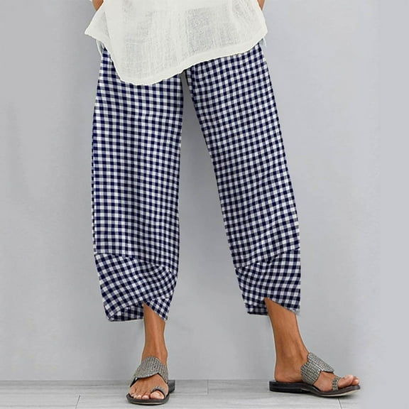 Wycnly Cropped Pants for Women Womens Cropped Pants Fashion Classic Plaid Print Loose Irregular Straight Leg Trousers Casual Cotton Linen Elastic Waist Crop Pants with Pockets