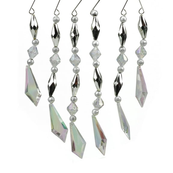 Set of 6 Silver and Clear Diamond Faceted Jewel Christmas Dangle Ornaments 7"