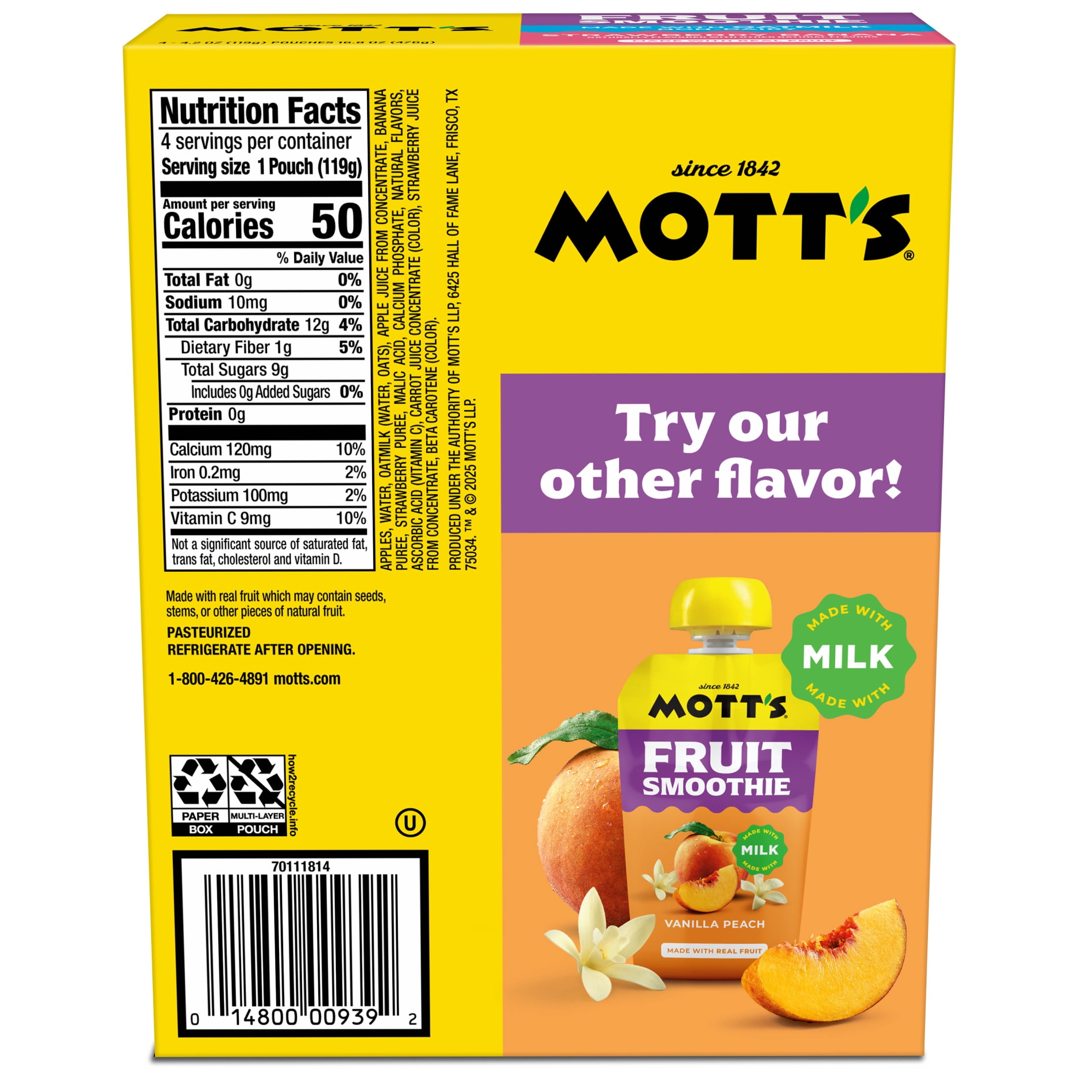 Mott’s Fruit Smoothie Strawberry Banana, 4.2 oz, 4 Pack Pouches