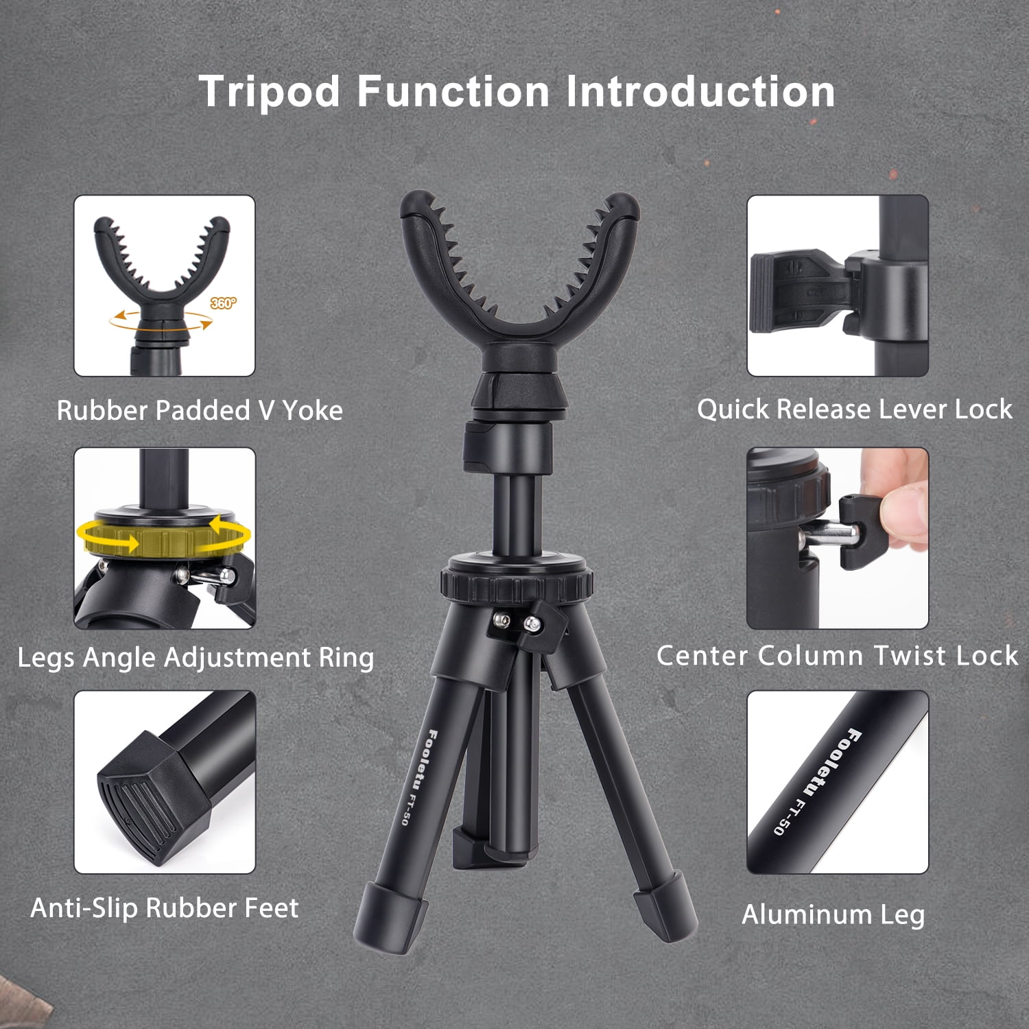 Fooletu Shooting Rest Tripod 360 Rotation V Yoke Stand Aluminum 11-21 Inch