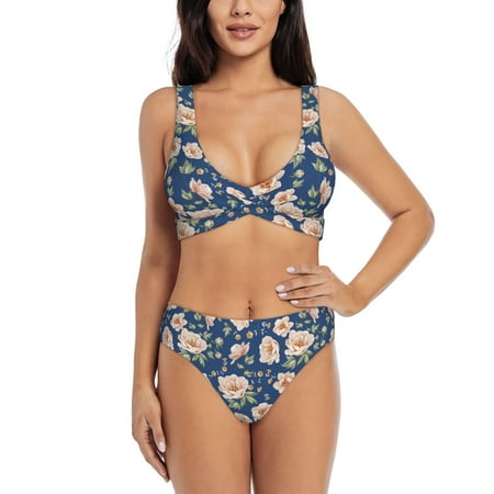 Zeuib Flower High Waisted Tummy Control Bikini Set - Knot Front Push Up Top & Cheeky Thong Bottom  Two-Piece Swimsuit for Women-Large