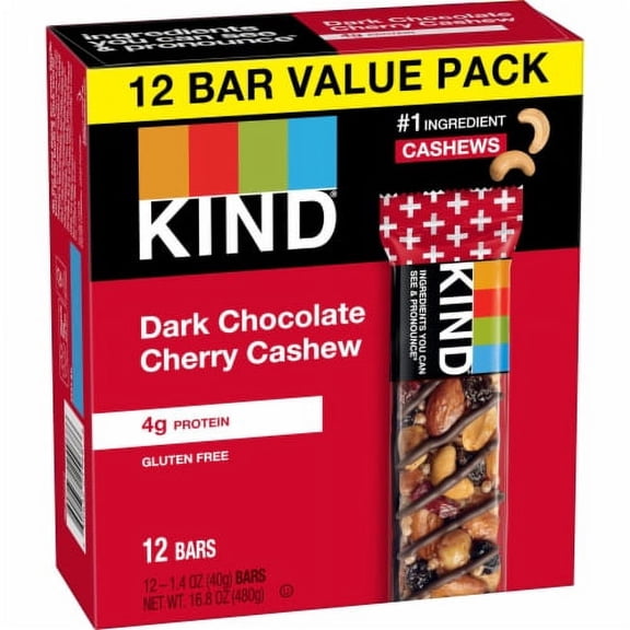 2X-KIND Gluten Free Dark Chocolate Cherry Cashew Healthy Snack Bars - 1.4 oz - 12 ct