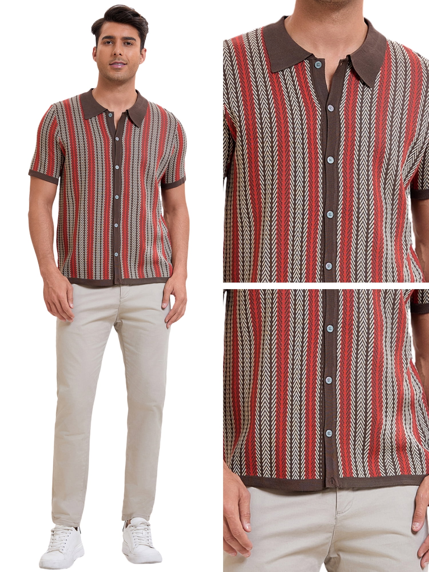 DARING DIVA Men's Striped Short Sleeves Button Down Jacquard Polo Shirts M Dark Brown