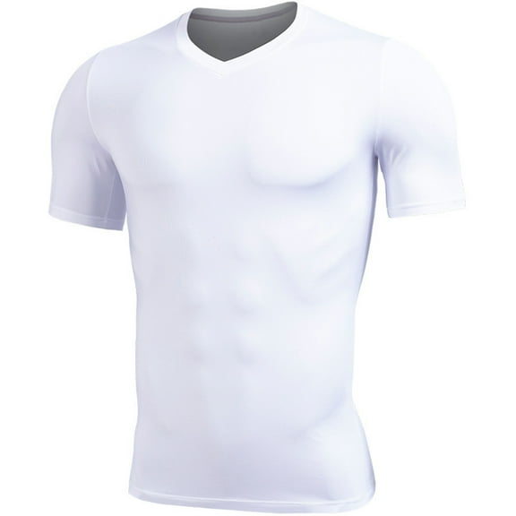 BinBiL Men's Solid Color V-neck Elastic Drying Sports Short Sleeved T-shirt White 12(XL)