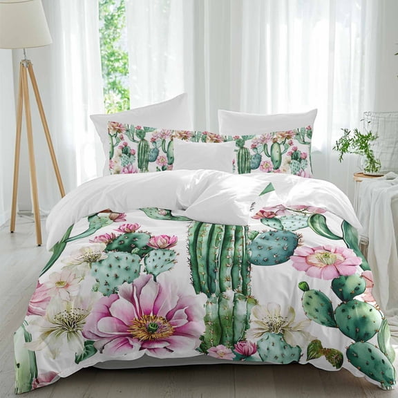 3 Piece Pink Succulent Duvet Cover Set California King,Microfiber Comforter/Quilt Cover with Corner Ties and 2 Pillowcases,Green Cactus Pastoral Watercolor All Season Soft Bedding with Zipper Closure