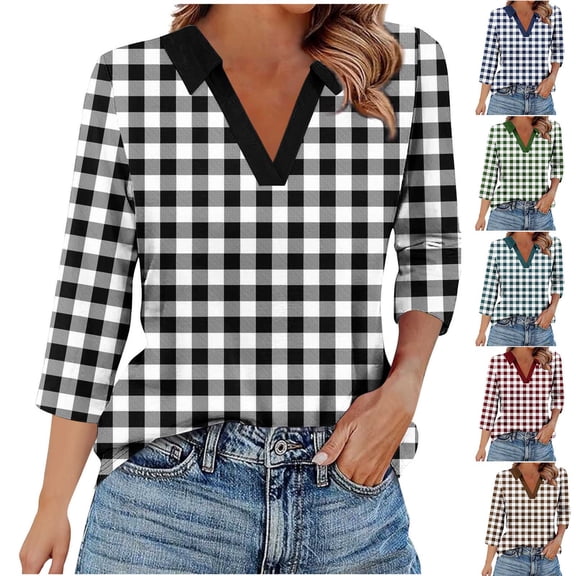 Ashirexll Ladies Tops and Blouses, Tops for Women Trendy, Color Matching V Neck Lapel 3/4 Sleeve T Shirt for Womens Casual Tops