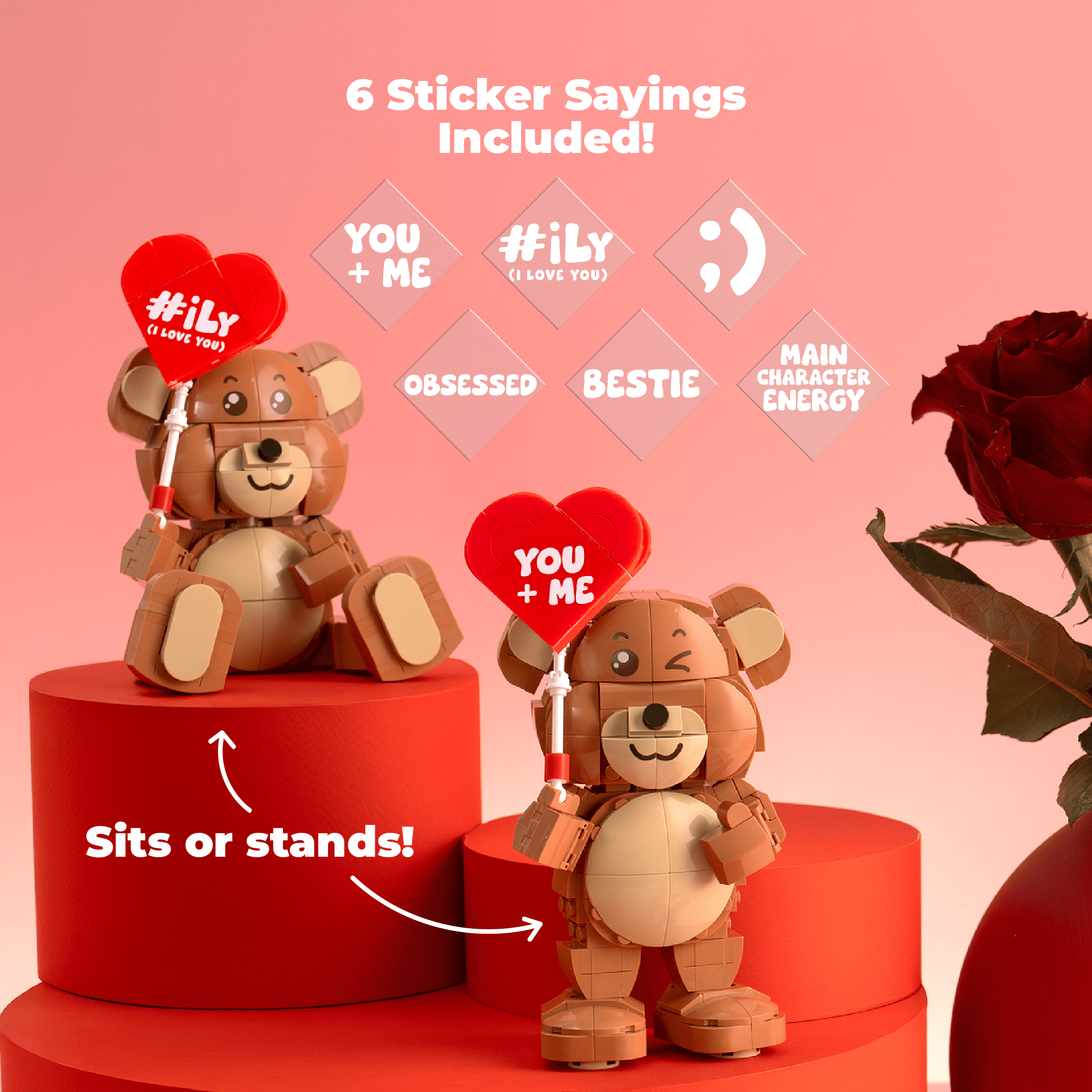 Brickcraft Bricktanicals Bricky Bear Building Kit (357-Piece Set), Teddy Bear Brick Toy, Valentine's Day Gift, Customizable Message Stickers, Poseable Figure, Collectible Display, Sits or Stands